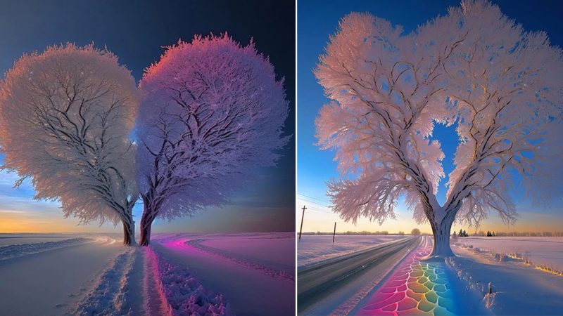 Radiant Solitude: Multicolored Tree Blossoms Amidst a Rainbow Soaring in a Snowstorm