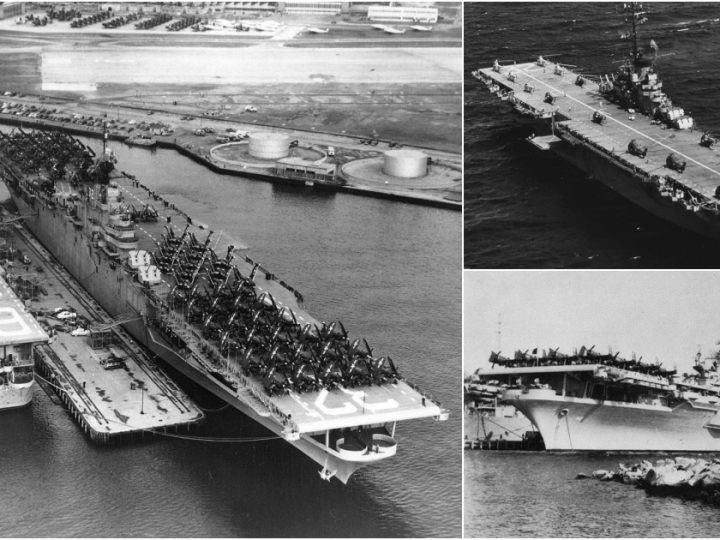 Historic Naval Giants: The USS Leyte (CV-32) and USS Wright (CVL-49) Docked at Quonset Point, 1950