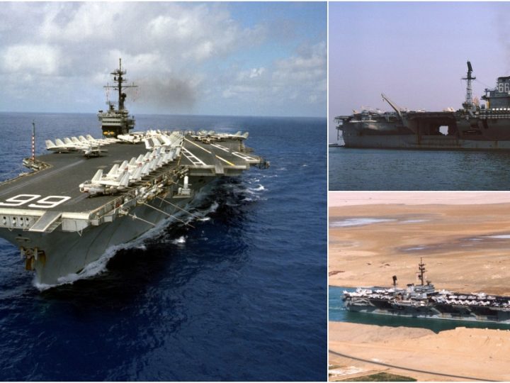 USS America (CV-66) underway through the Suez Canal.