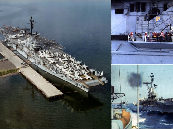 Iconic Aerial Shot: USS Ticonderoga (CVA-14) Showcases Her New Deck Design and Fleet in 1959