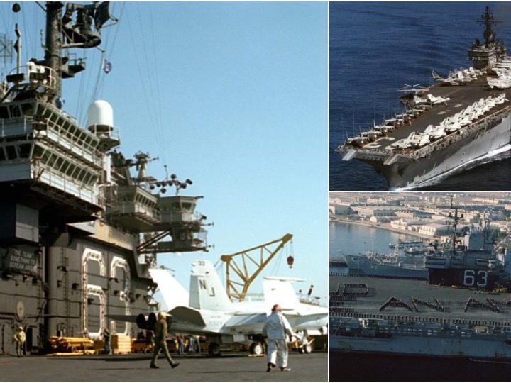 USS Kitty Hawk’s Dramatic Homeport Voyage: Aerial Bow View of the Aircraft Carrier Carrying Cars at Sea in 1983