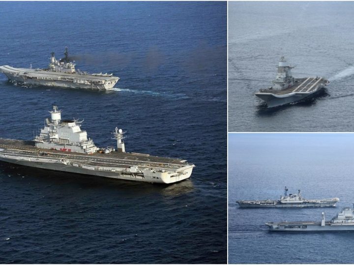 INS Viraat (R22) Escorts Indian Navy’s New Aircraft Carrier Vikramaditya (R33) During Delivery Voyage on January 3, 2014