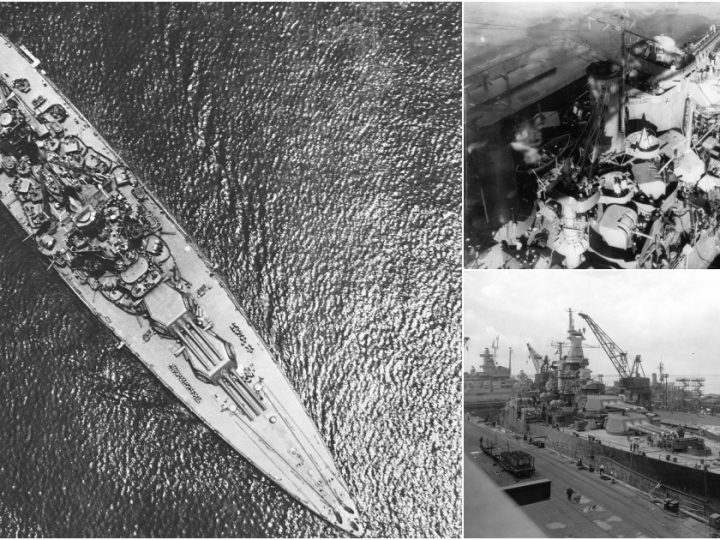 USS Tennessee (BB-43) Entering San Pedro Harbor in June 1942: Aerial View Showcasing New Quadruple 1.1″/75 Caliber AA Mounts